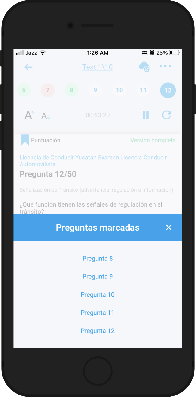 Marcador: guarda preguntas que no puedes contestar en el momento. Marcador: guarda preguntas que no puedes contestar en el momento.